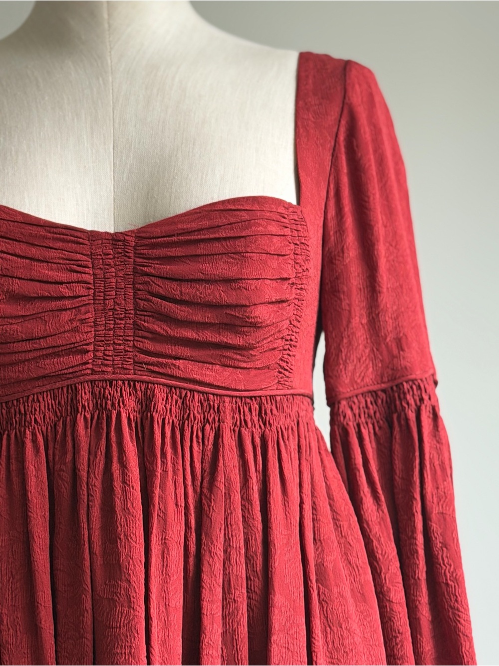 Free People Rust Deep Burgundy Red Square-Neck Long Sleeve Babydoll Dress - Picture 2 of 8